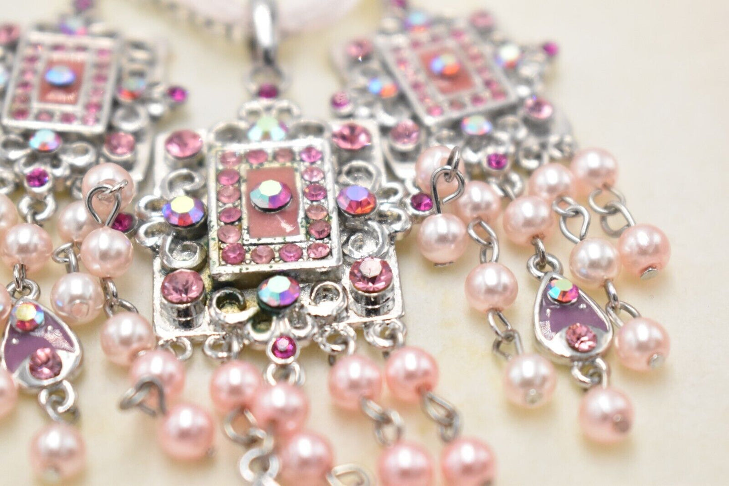 Vintage Kathryn C Pink Gemstone Square Costume Jewellery Necklace & Earring Set