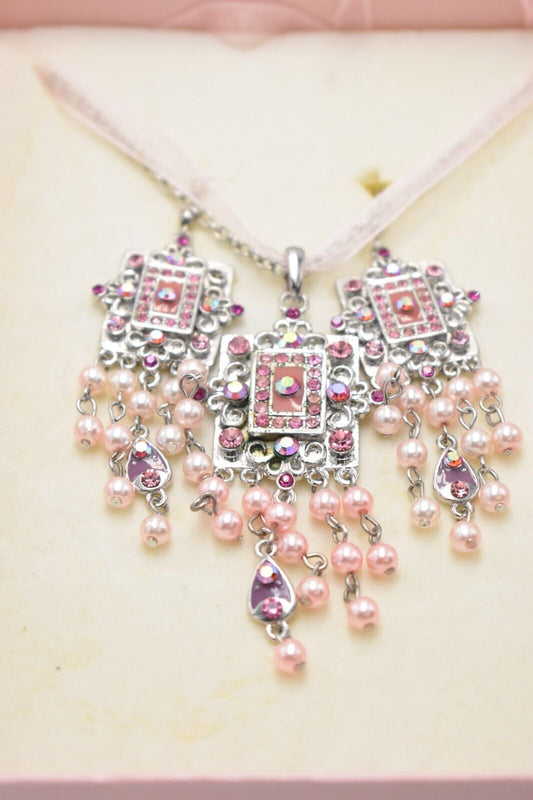 Vintage Kathryn C Pink Gemstone Square Costume Jewellery Necklace & Earring Set