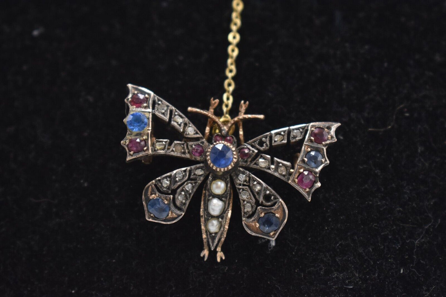 Antique Victorian 9ct Gold Butterfly Brooch with Diamonds, Sapphires, Rubies