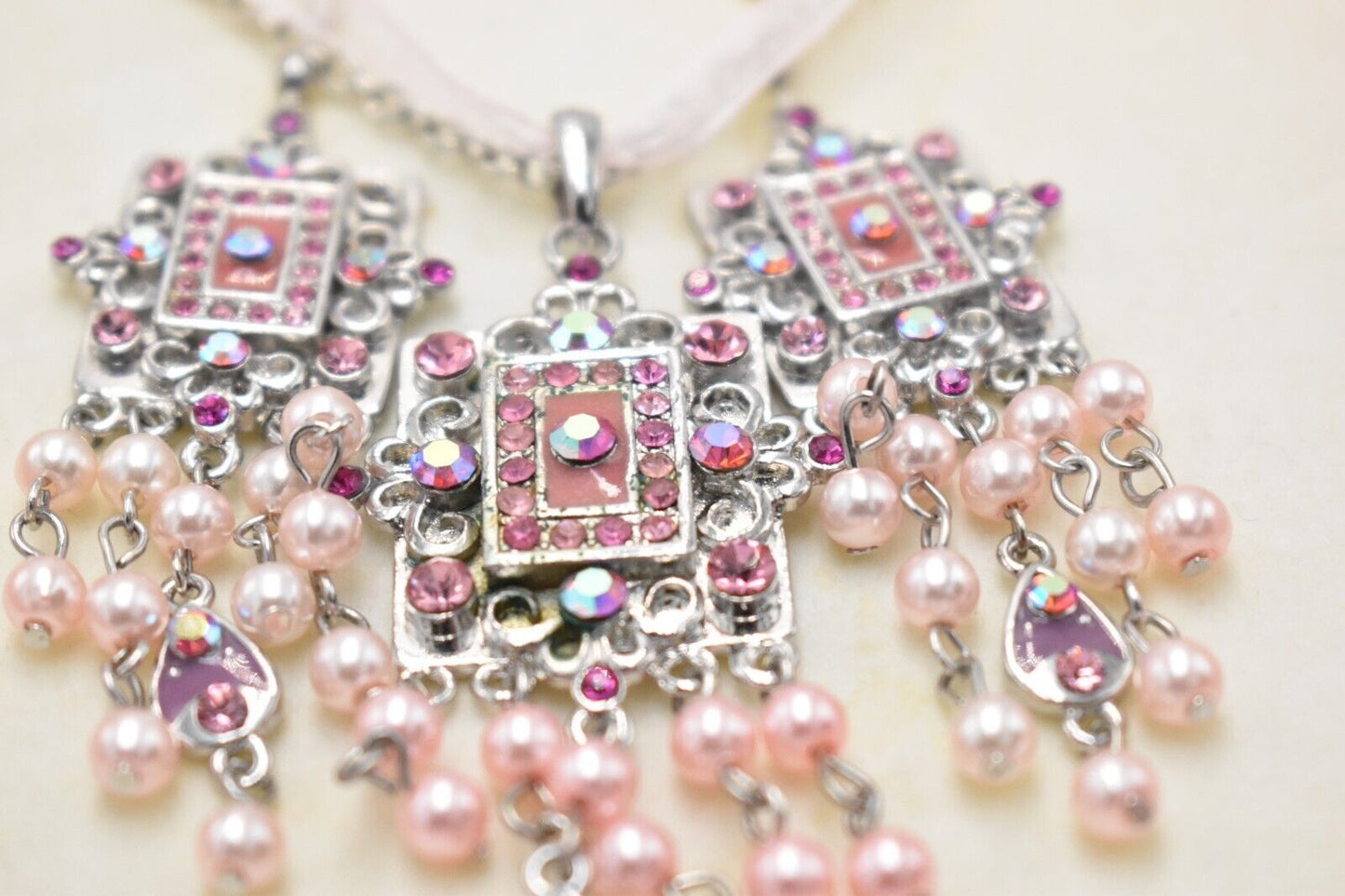 Vintage Kathryn C Pink Gemstone Square Costume Jewellery Necklace & Earring Set