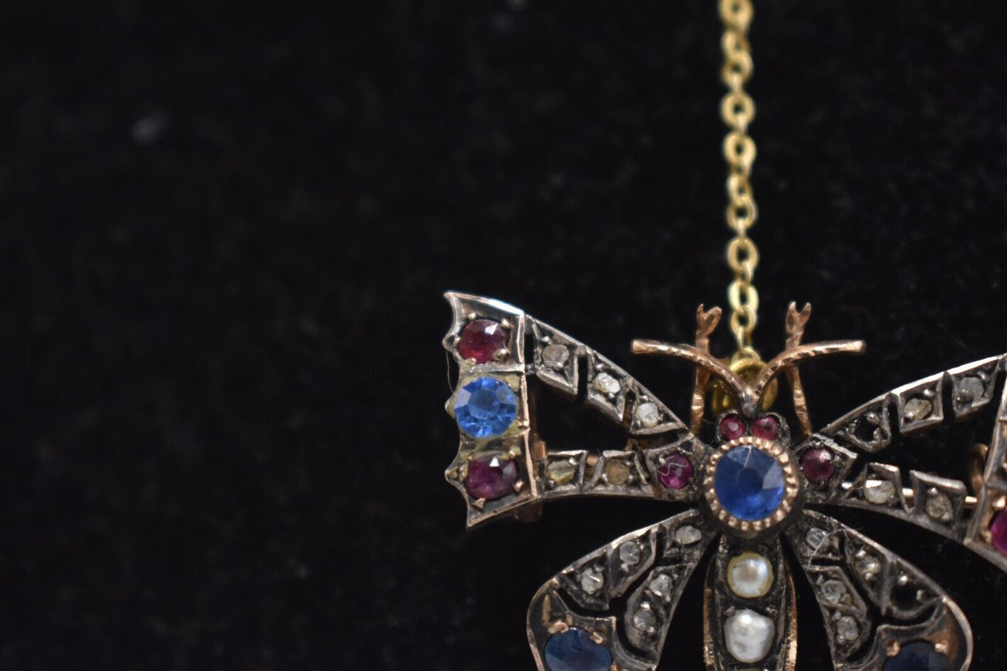 Antique Victorian 9ct Gold Butterfly Brooch with Diamonds, Sapphires, Rubies