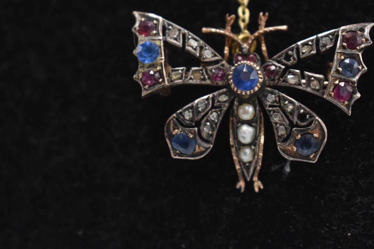 Antique Victorian 9ct Gold Butterfly Brooch with Diamonds, Sapphires, Rubies