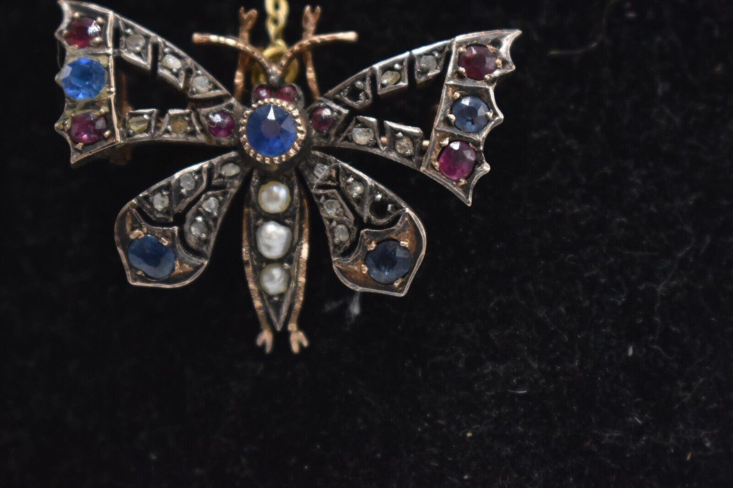 Antique Victorian 9ct Gold Butterfly Brooch with Diamonds, Sapphires, Rubies