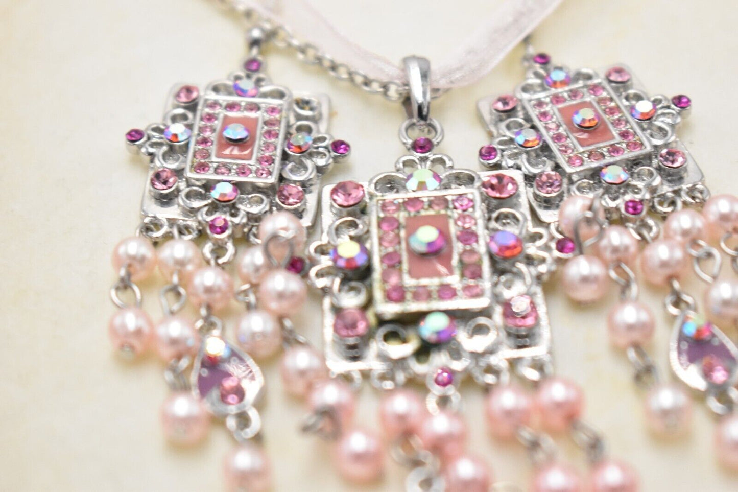 Vintage Kathryn C Pink Gemstone Square Costume Jewellery Necklace & Earring Set